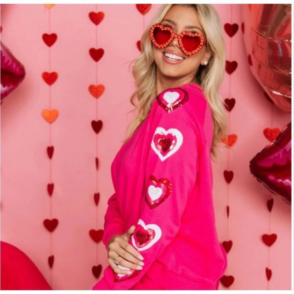 Queen of Sparkles Heart on Your Sleeve sequin hot pink Valentine’s Sweatshirt XL - Picture 2 of 15